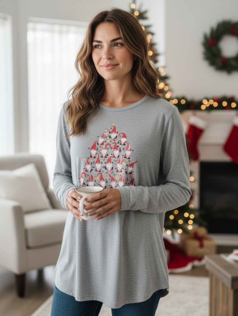 Y/Project Gray Long-Sleeve Top with Red & White Holiday Gnome Tree